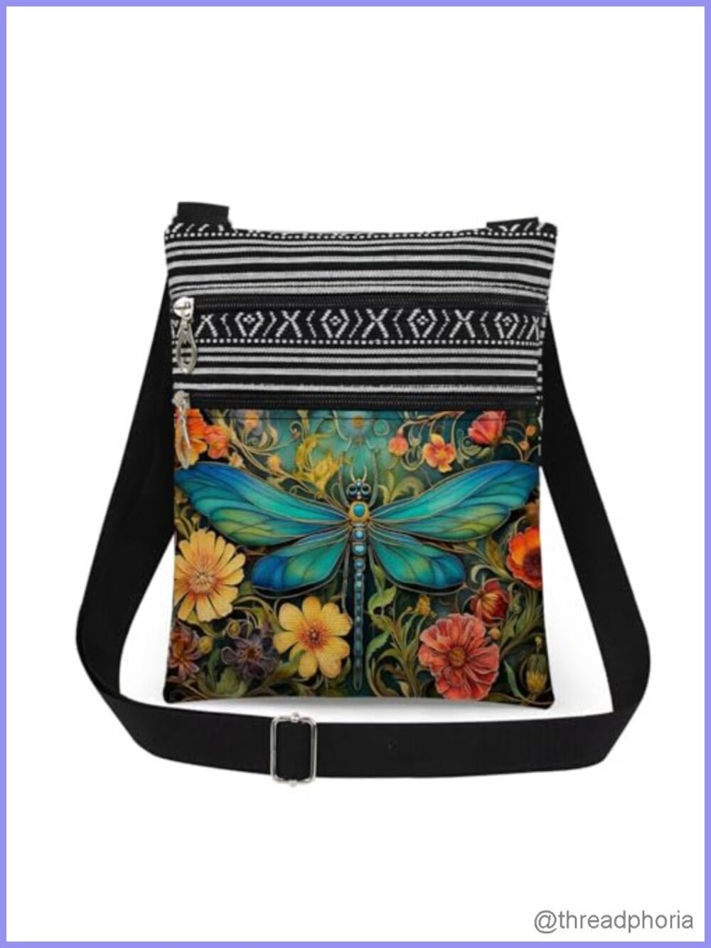 Crossbody Bag with Dragonfly Print, Adjustable Strap, Polyester, Lightweight, 2